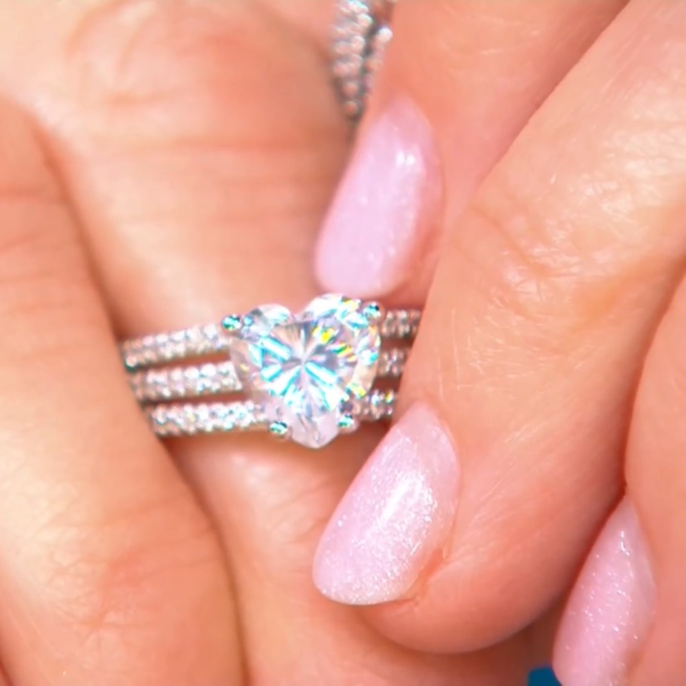 Diamonique 100 Facet Heart 3 Row Pave Ring size 9